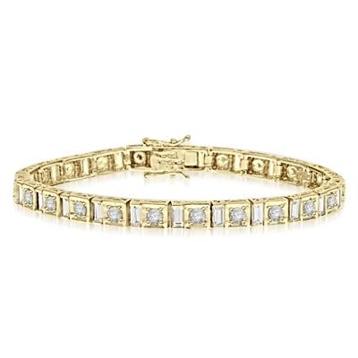7" long stunning design bracelet with Diamond Essence Emerald cut baguettes and round brilliant Diamond Essence masterpieces set in ethnic setting of 14k Solid Yellow Gold. Appx. 9.0 Cts.T.W.