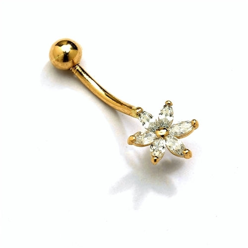 Diamond Essence 14K Solid Yellow Gold Belly Button Ring, with Marquise Cut Stone Flower, 1.0 Ct.T.W And Screw On Gold Ball.