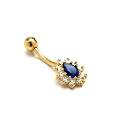 Diamond Essence 14K Solid Gold Belly Button with Sapphire Essence Pear Stone Surrounded By Brilliant Melee. 0.75 Ct.T.W. And Screw On Ball.