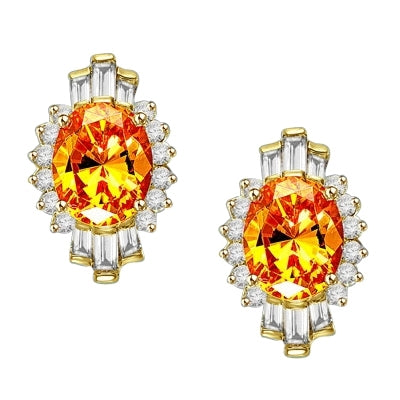 Diamond Essence Earrings in 14K Solid Yellow Gold with 4 ct. Canary Essence center in four prongs setting. Baguettes and round stones on either side makes it designer wear. 10 cts.t.w.