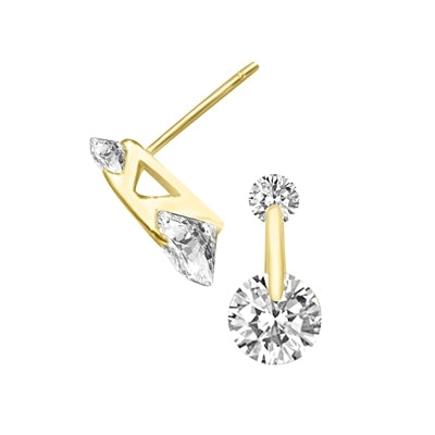 14K Solid Gold tension set earrings with a large round DE stone dangling from lovely little round stones. 1.5ctw.