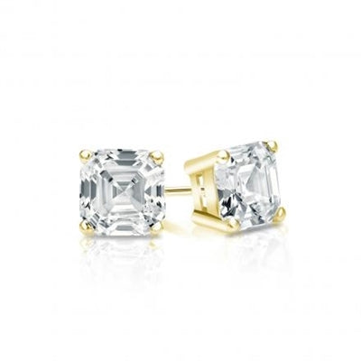 Prong Set Stud Earrings with Artificial Asscher Cut Diamond by Diamond Essence set in 14K Solid Yellow Gold 6 Cts.t.w.