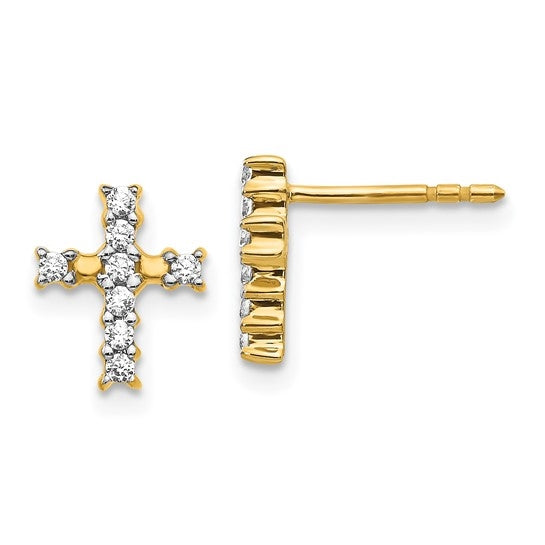 Cross Earrings with Round Brilliant Diamonds Set in 14K Solid Yellow Gold