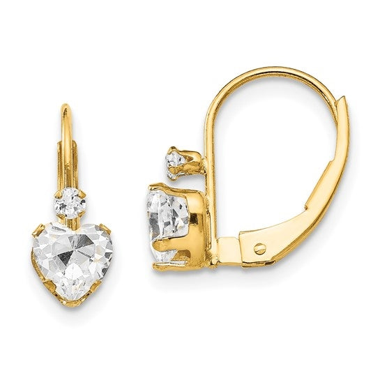 Leverback Gold Earrings with Heart and Round Stone