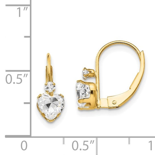 Leverback Gold Earrings with Heart and Round Stone