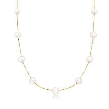 Diamond Essence 18 Inch Long Nine Station Necklace With 4.2mm Each Pearl in 14K Solid Yellow Gold Chain.