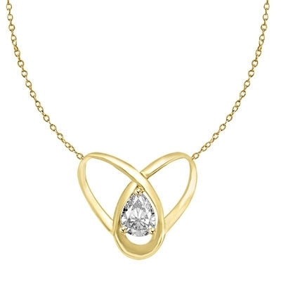 2 ct pear cut stone set in orbit in gold pendant