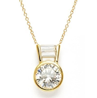 Diamond Essence Slide Pendant with 3.0 ct Round stone and Baguettes, 3.5 ct.tw. in 14K Solid Gold.
Free Vermeil Chain Included.
