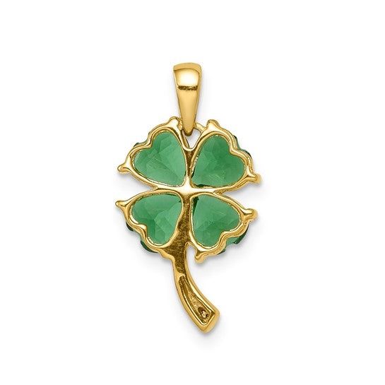 Prong Set Leaf Clover Pendant with Lab Created Emerald Heart and Diamonds Set iN 14K Solid Gold