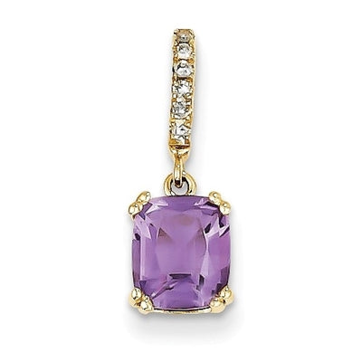 14k Yellow Gold Diamond Essence Solitaire Pendant With French Cut Rectangular Shape Amethyst Cushion Stone Set In 8 Prongs Decorated By Delicate Round Brilliant Melee On The Bail, 1.50 Cts.T.W.