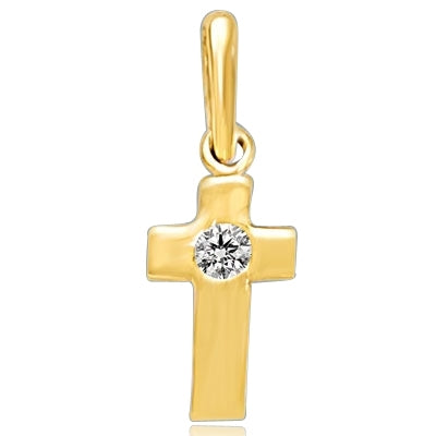 Children's Cross Pendant with a Round Brilliant Diamond Essence Melee set in 14k Solid Yellow Gold. 0.05 Ct. T.W.