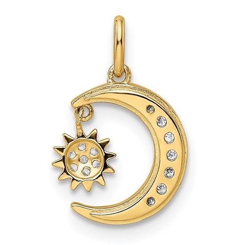 Prong Set Diamond Essence Round Melee in Diamond Cut Designer Moon & Star Pendant Set In 14K Yellow Gold