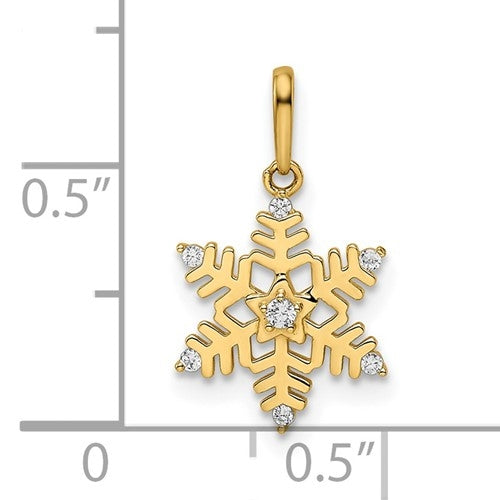 Beautiful Snow flake pendant with Round Brilliant Diamond Essence stones in prong setting. 0.50 Cts.t.w. in 14K Solid Yellow Gold.