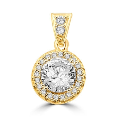 Pendant with Round Brilliant Diamond Essence in Center, surrounded by Melee 1.25 Cts T.W. set in 14K Solid Yellow Gold.