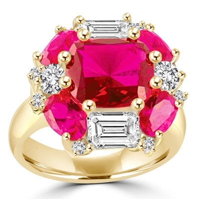 Ring  emerald cut and oval cut ruby stones with baguettes