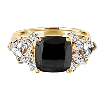 Diamond Essence Designer ring with 4.0 ct. Onyx center with round, marquies and heart shaped stones on each side, 6.5 cts. T.W. set in 14K Solid Yellow Gold.