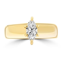 Wide Band Solitaire Ring with 0.75 ct.t.w. of Diamond Essence Marquise cut stone, set in six prongs setting, 14K Solid Gold.