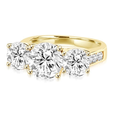 Impressive Three Stone Ring with artistically set triple Diamond Essence stones on the band, an enchanting 4.0 Cts.T.W. in Platinum Plated Sterling Silver.
