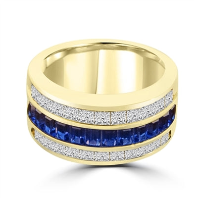 Sparkling Ring with three rows of Brilliance. Sapphire Essence Baguettes center is accentuated by Channel set Princess cut Diamond Essence Masterpieces. 5.0 cts.t.w. in 14K Solid Gold.