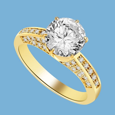 Diamond Essence Designer Ring with 2.0 Cts. Round Brilliant Diamond Essence in Center and melee set on three sides of band, 3.90 Cts. T.W. set in 14K Solid Yellow Gold.