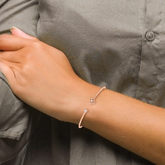 14K rose gold flexible cuff bangle with diamond essence lab grown round diamond in bezel and prong setting