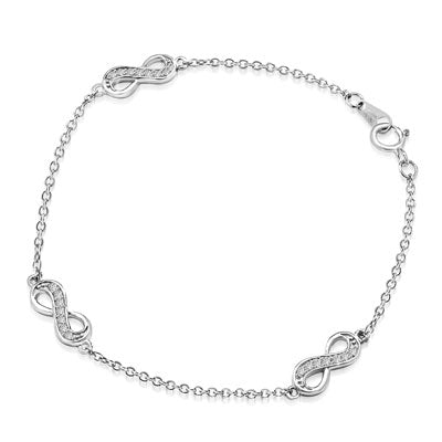 Infinity Bracelet with 0.20 ct. Round Brilliant Diamond Essece Round Stones. 7" Length, Platinum Plated Sterling Silver.