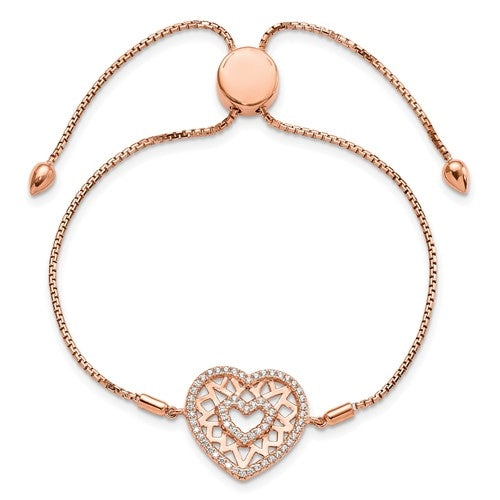 An alluring pave-set adjustable bracelet for women with simulated round brilliant Diamonds by Diamond Essence set in rose  plated sterling silver. 0.60 Cts.t.w.