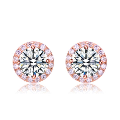 Diamond Essence Stud Earrings With 2 Cts. Round Brilliant Center Surrounded By Melee,4.50Cts.T.W. In Rose Plated Sterling Silver.
