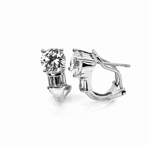 Round cut omega clip back Earrings. 2.60 Cts. T.W. set in Platinum Plated Sterling Silver.