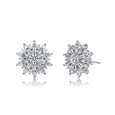 Diamond Essence Designer Studs With Round Brilliant Stones And Baguettes, 1.70 Cts.T.W. in Platinum Plated Sterling Silver.