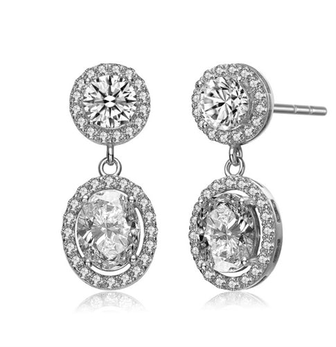 Prong Set Designer Earrings with Simulated Round & Oval Stones surrounded by Melee Diamond by Diamond Essence set in Sterling Silver
