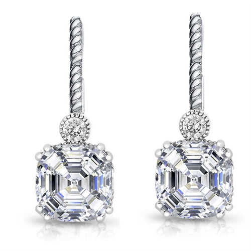 Diamond Essence Drop Earrings With Asscher Cut Stone,7 Cts.T.W. in Platinum Plated Sterling Silver.