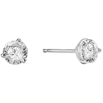Pair of Studs in three prongs Martini Setting, Round Diamond Essence in each stud. 2.0 Cts T.W. set in Platinum Plated Sterling Silver.