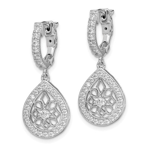 Beautiful drop earring, showing off 2.0 carat Diamond Essence Pear shape design, each surrounded by Diamond Essence melee. 2.0 cts.t.w. set in Platinum Plated Sterling Silver.