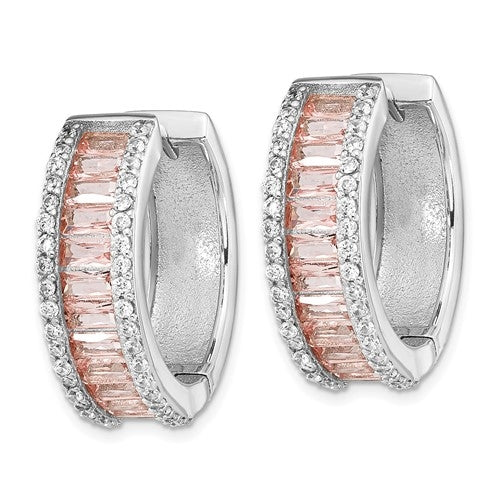 Diamond Essence 26 Morganite Color Baguette Hoop Earring and 80 Melee in prong setting Sterling Silver. 5.0 Cts.T.W.
Length 18 mm.
