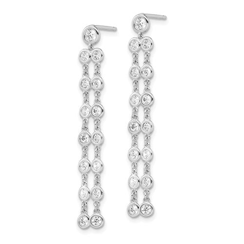 The classic and timeless bezel set dangle drop earrings for women with artificial round brilliant diamonds by Diamond Essence set in platinum plated sterling silver. 1.60 Cts.t.w.