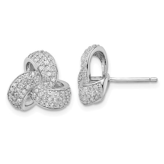 Pave Set Round Brilliant Diamond Essence Melee Love Knot Earrings In Sterling Silver