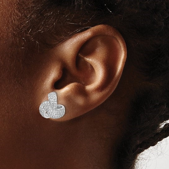 Pave Set Round Brilliant Diamond Essence Melee Love Knot Earrings In Sterling Silver