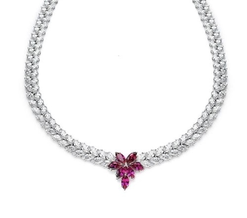 Designer Necklace with Marquise cut Ruby Floral in center and 2 rows of graduating  Marquise Essence all around neckline. Appx. 72.0 Cts.t.w. set in Platinum Plated Sterling Silver.