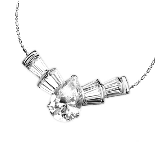 Astonish everyone with this magnificent display of 7.25 Cts. Pear cut Diamond Essence in Center, with 5 lovely baguettes tapering on each side. Marvelous! 10.0 Cts.T.W. attached with Chain in Platinum Plated  Sterling Silver.