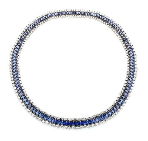 Prong Set Designer Necklace with Artificial Marquise Cut Sapphire Essence and Round Brilliant Diamonds by Diamond Essence set in Sterling Silver