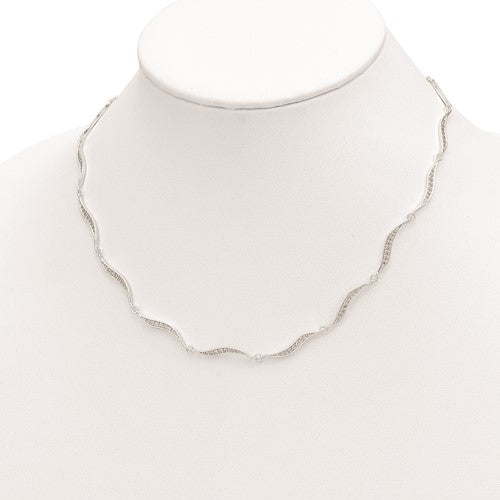 A stunning pave-set designer necklace for women with simulated round brilliant diamonds on wavy links all around the neckline by Diamond Essence set in platinum plated sterling silver. 3.0 Cts.t.w.
