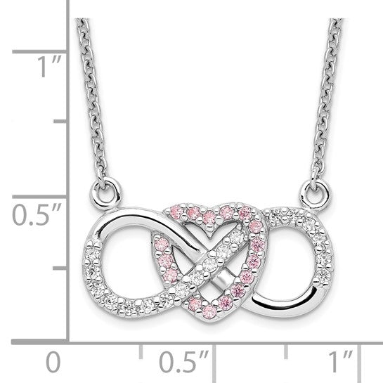 Prong Set Diamond Essence Round Diamond and Pink Melee Stones Set in Platinum Plated Sterling Silver Heart Necklace