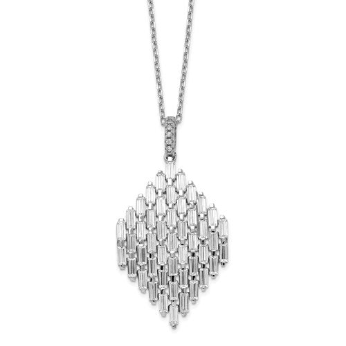 Prong set cluster necklace with artificial brilliant baguettes 5 Cts.t.w. 47 baguettes,6 round melee in platinum plated sterling silver.