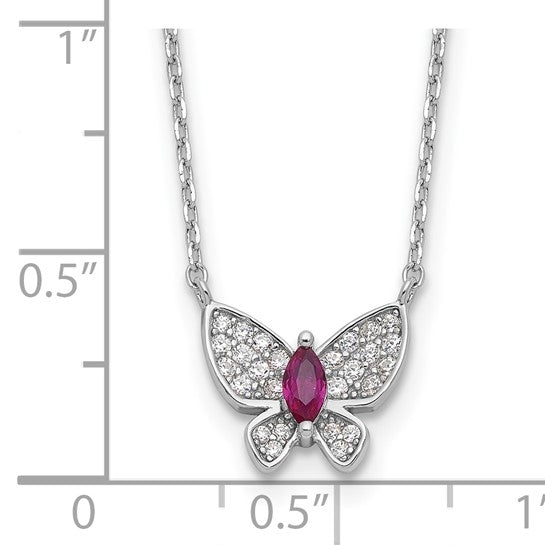 Silver Butterfly Necklace of faux ruby and diamond set on 16" long chain with 2 inch extension