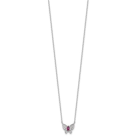 Silver Butterfly Necklace of faux ruby and diamond set on 16" long chain with 2 inch extension