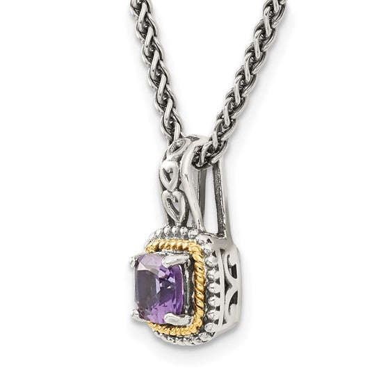 Sterling Silver with 14K Accent 18 Inch Antiqued Cushion Amethyst Essence Necklace