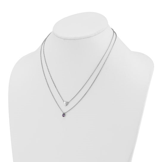 Bezel Set Diamond Heart and Amethyst Teardrop Two Strand Platinum Plated Sterling Silver Necklace