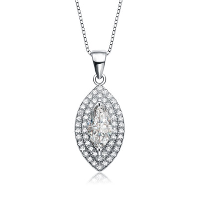 Diamond Essence Pendant With Marquise Essence Center Escorted By Two Rows Of Round Brilliant Melee, 1.60 Cts.T.W. In Platinum Plated Sterling Silver.
​Free Silver Chain Included.
​Approx Size Of Pendant Is 26.5mm Length And 10mm Width.