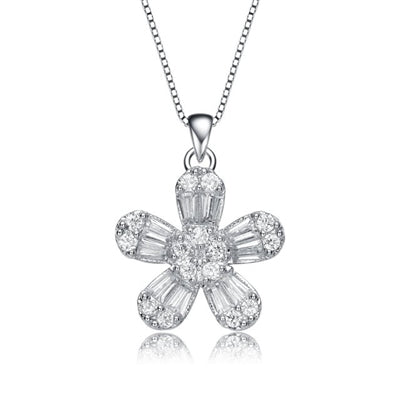 Diamond Essence Delicate Designer Floral Pendant with Brilliant Baguettes and Brilliant Melee, 1.10 Cts.t.w. set in Platinum Plated Sterling Silver. 18mm Length, 11mm Width.